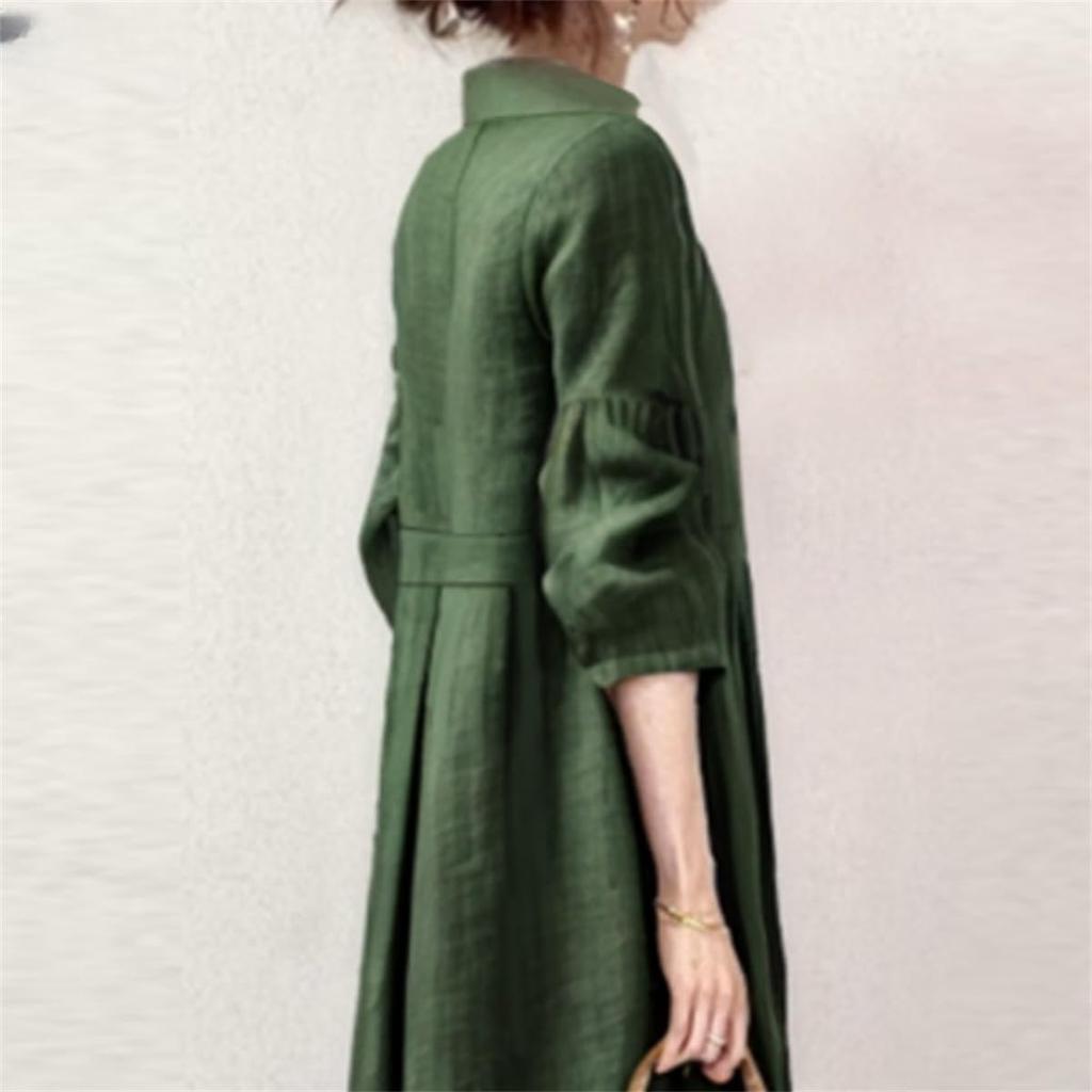 [YUANYUAN] Women's One-Piece Dress, Autumn Clothes, Long Length, High Waist, Long Sleeves, Maxi Length, Solid Color, Gathered, Pleated, Flared, Cute,