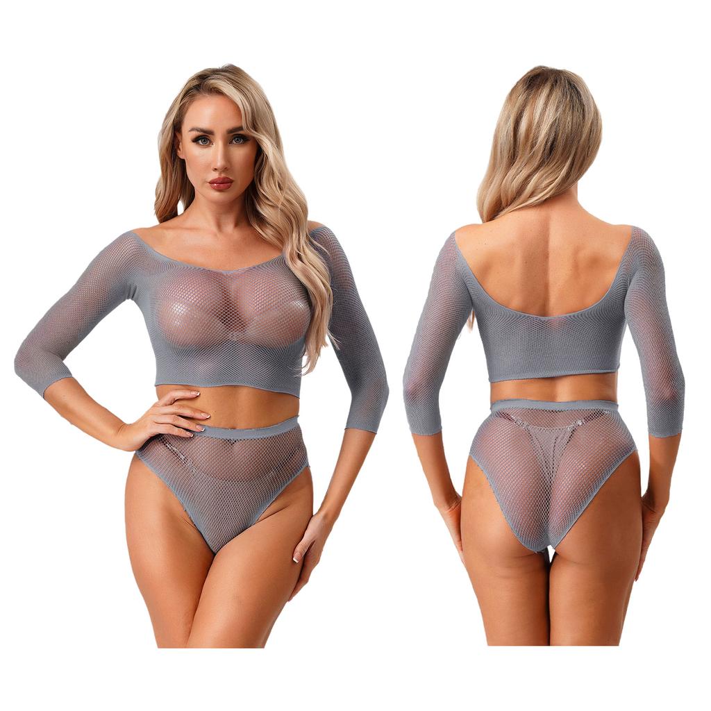 Sexy Women Lingerie Fishnet Top Briefs Set See Through Bikini Cover Couples Role Play Costume Tempting Outfit