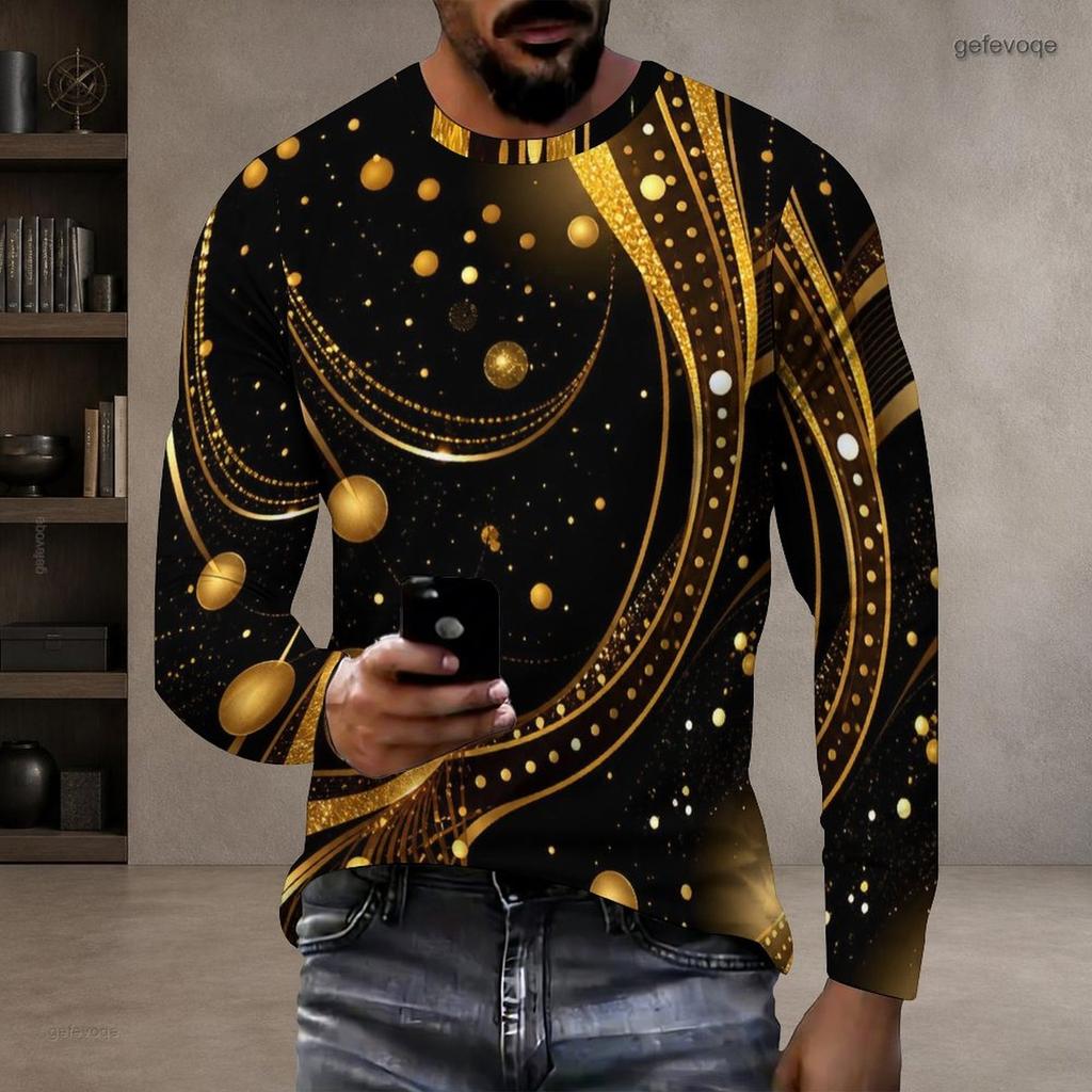 Men s Plus Size Round Neck Long Sleeve Black Golden Printed Straight Hem Pullover T Shirt
