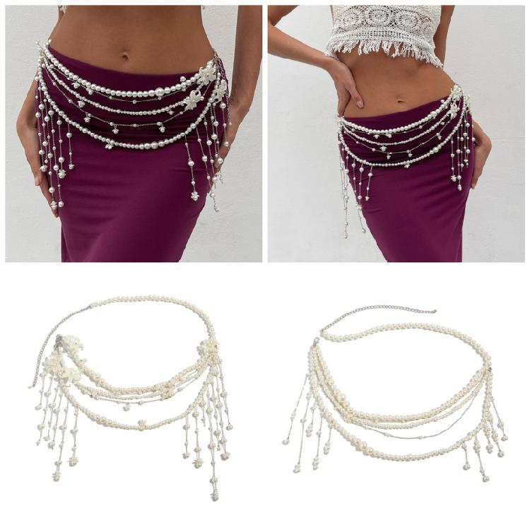 Stylish Women's Imitation Pearls Waist Chain Fashionable Adjustable Bikini Chain Party Body Jewelry for Women Girls
