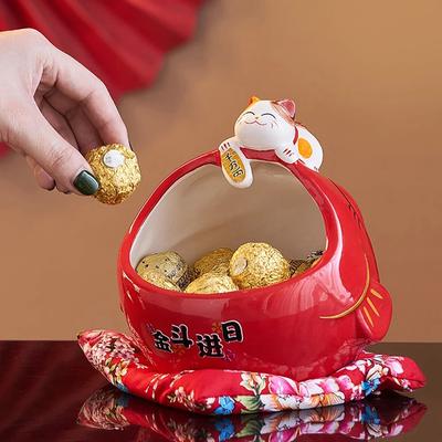 Ceramic Lucky Cat Candy Box Cute Lucky Cat Storage Box Money Box Chinese Home Decor For Attract Wealth And Good Luck