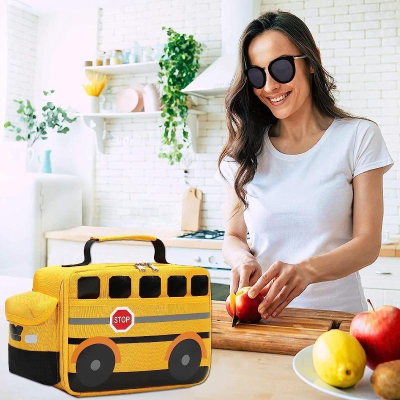 Kids Cartoon School Bus Lunch Bag - Thermal Insulated Cooler Tote for Boys Girls - Portable Yellow Car Picnic Box