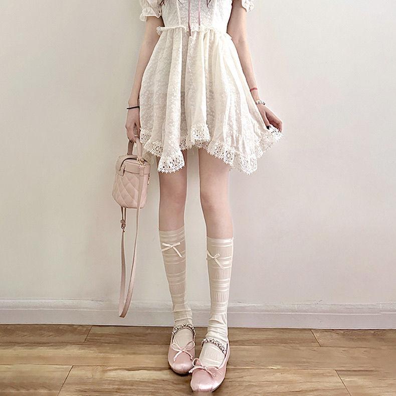 Ice Silk Calf Socks for Women | Summer Sweet Bowknot Slouch Socks - Thin White Lace Ballet-Style Knee-High