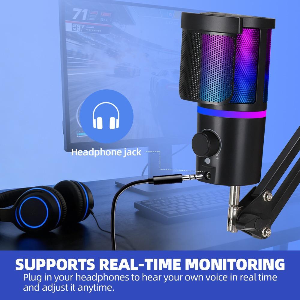 Professional RGB USB Microphone Kit with Boom Arm, Mute Button & Gain Control for Gaming, Streaming, PC, PS5, Mac, Android