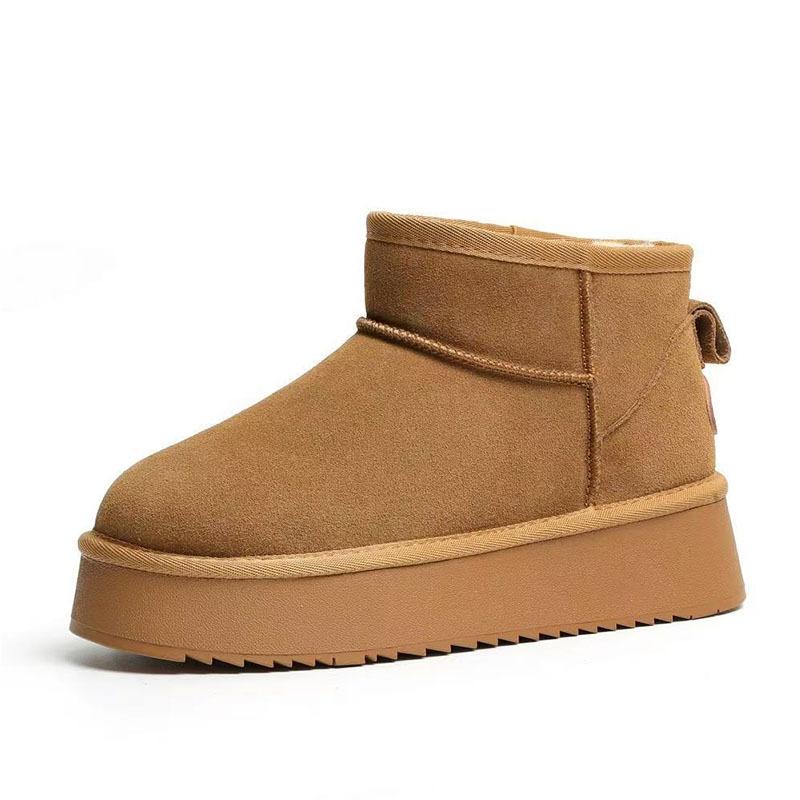 Snow boots women, winter fashion versatile platform bread shoes leather velvet thickened snow cotton