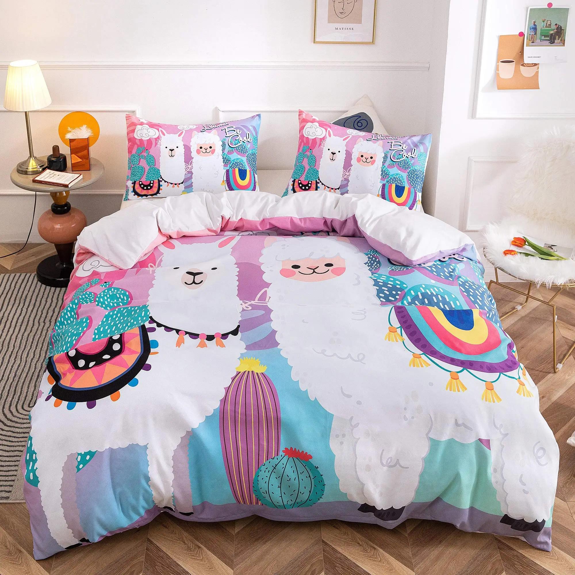 

Comforter Kids Teens Gifts Cute Cartoon Alpaca Llama Cactus Printing Bedding Animals Bedroom Decorative Comforter (quilt)-EU Single(135*200cm)3pcs
