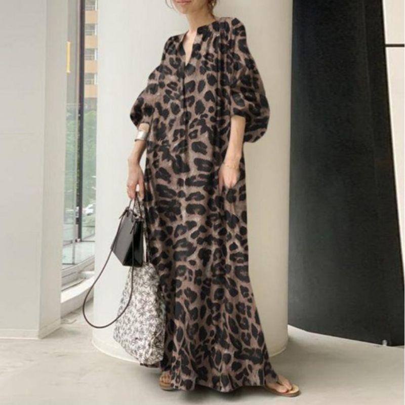 New Leopard Print Print Casual Bubble Long Sleeve Dress