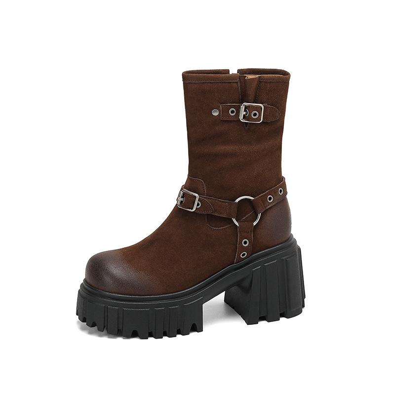 Frostet skinn retro polerte tykksålede Martin-støvletter for kvinner 2025 høst og vinter nye Maillard vanntette bord tykkhælede korte støvletter for w