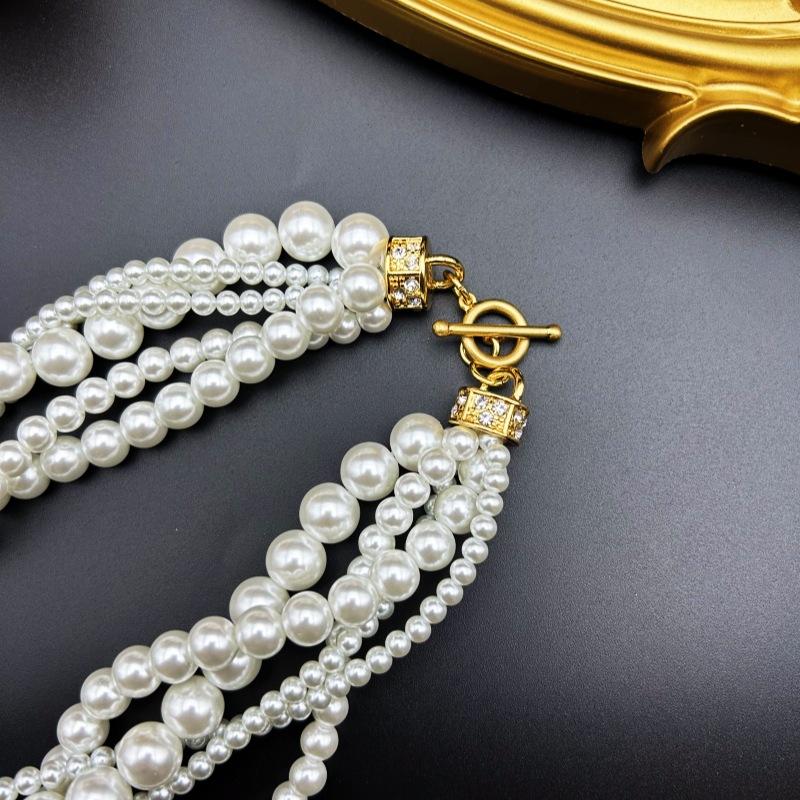 Vintage Necklace With Strong Light Round Shape Multiple Layers Of Weaving Layering Versatile Temperament Collarbone Pearl
