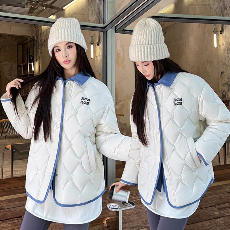 Lapel Contrast Color Lightweight Down Cotton Jacket Women's New Korean Style Splicing Fake Two-piece Cotton Jacket Jacket