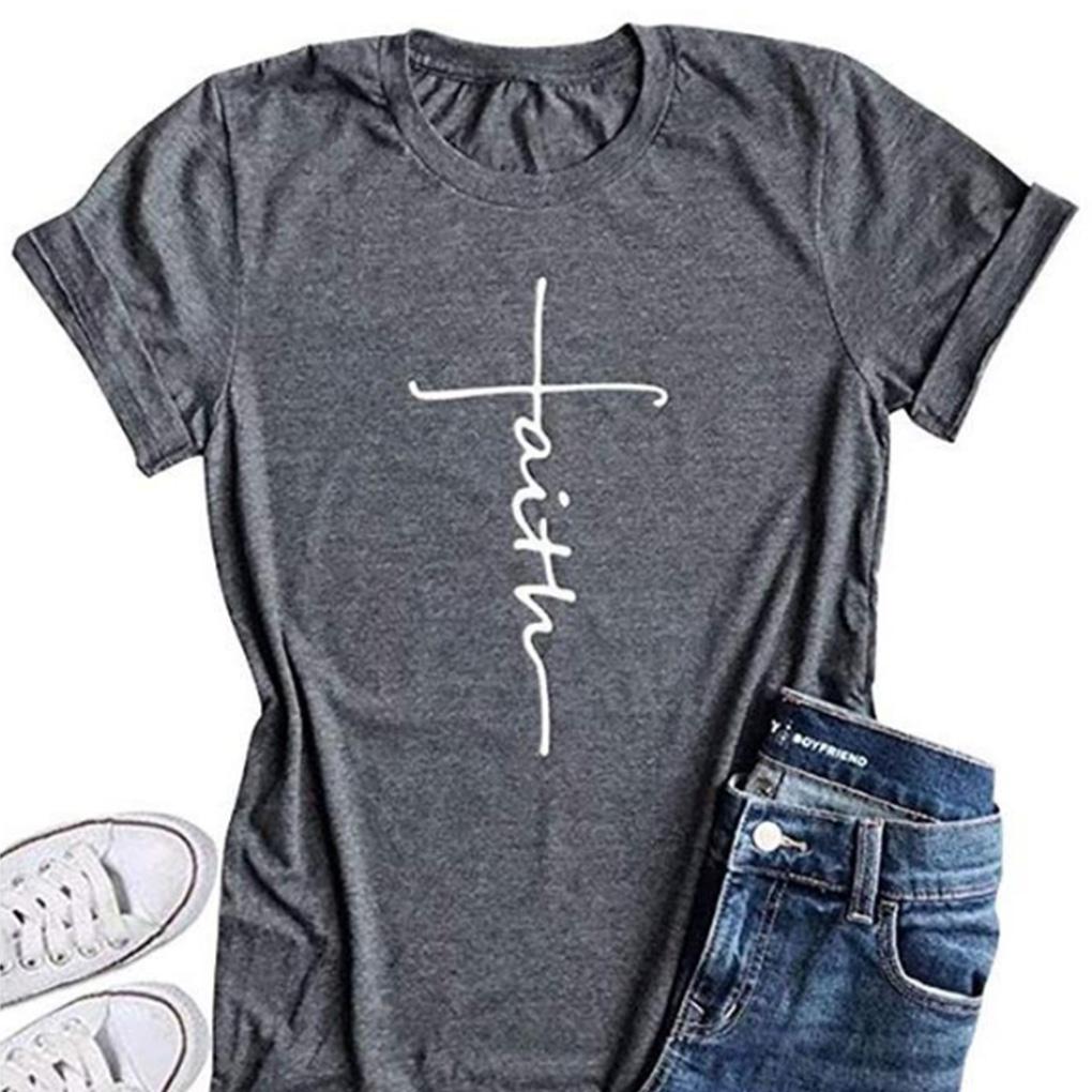 Nlife Women's Short Sleeve Faith Letter Print Tee Tops