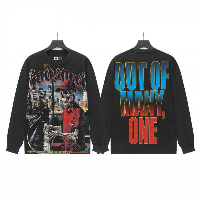 Unisex Vintage Skull Print Washed Cotton Long Sleeve Hoodie Streetwear Loose Fit