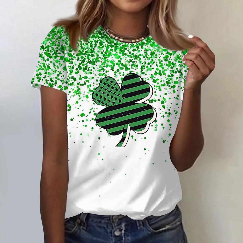 Women's  Casual Short Sleeve Shirts Fashion St Patrick's Print Tunic Tops With Pockets