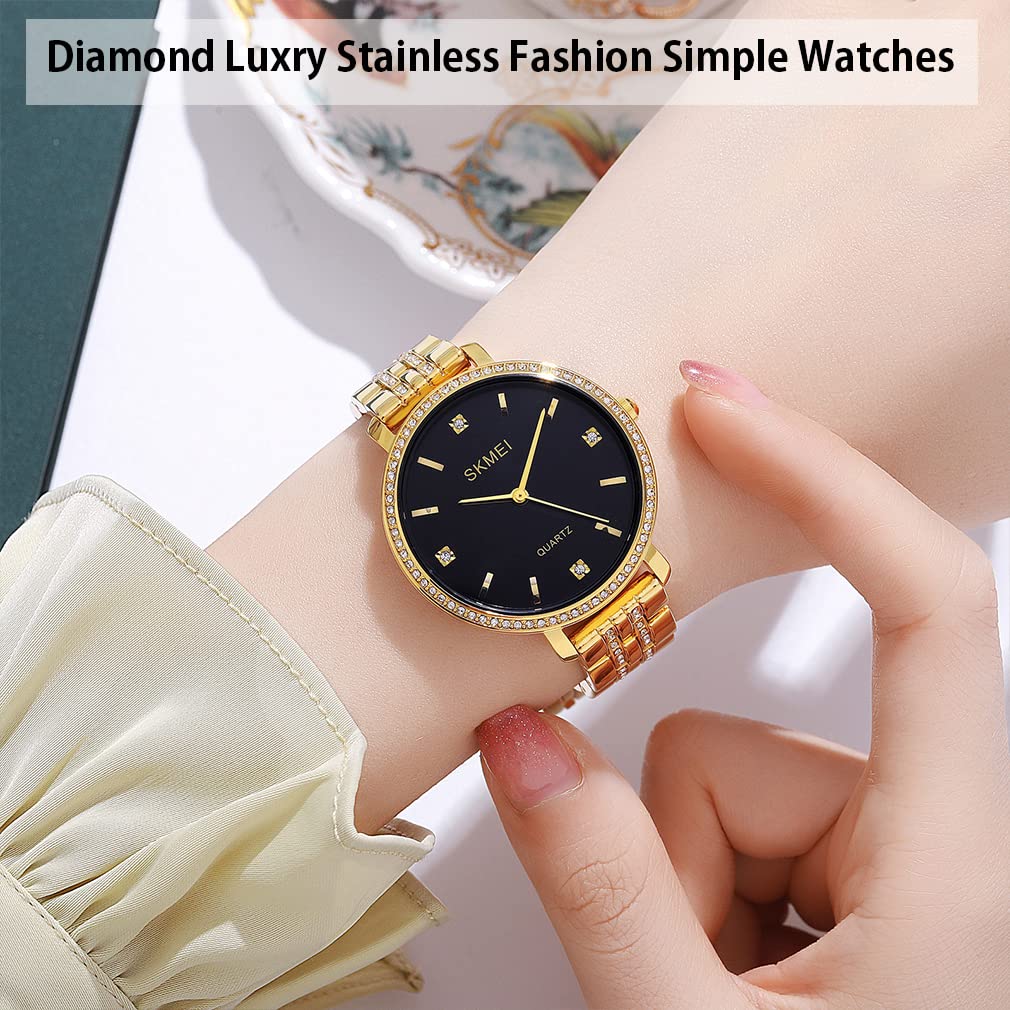Simple and Stylish Wristwatch with Classic Large Gold Stainless and Black Perfect for Business or As a Women's Diamonds, Design, Accents, Waterproof,