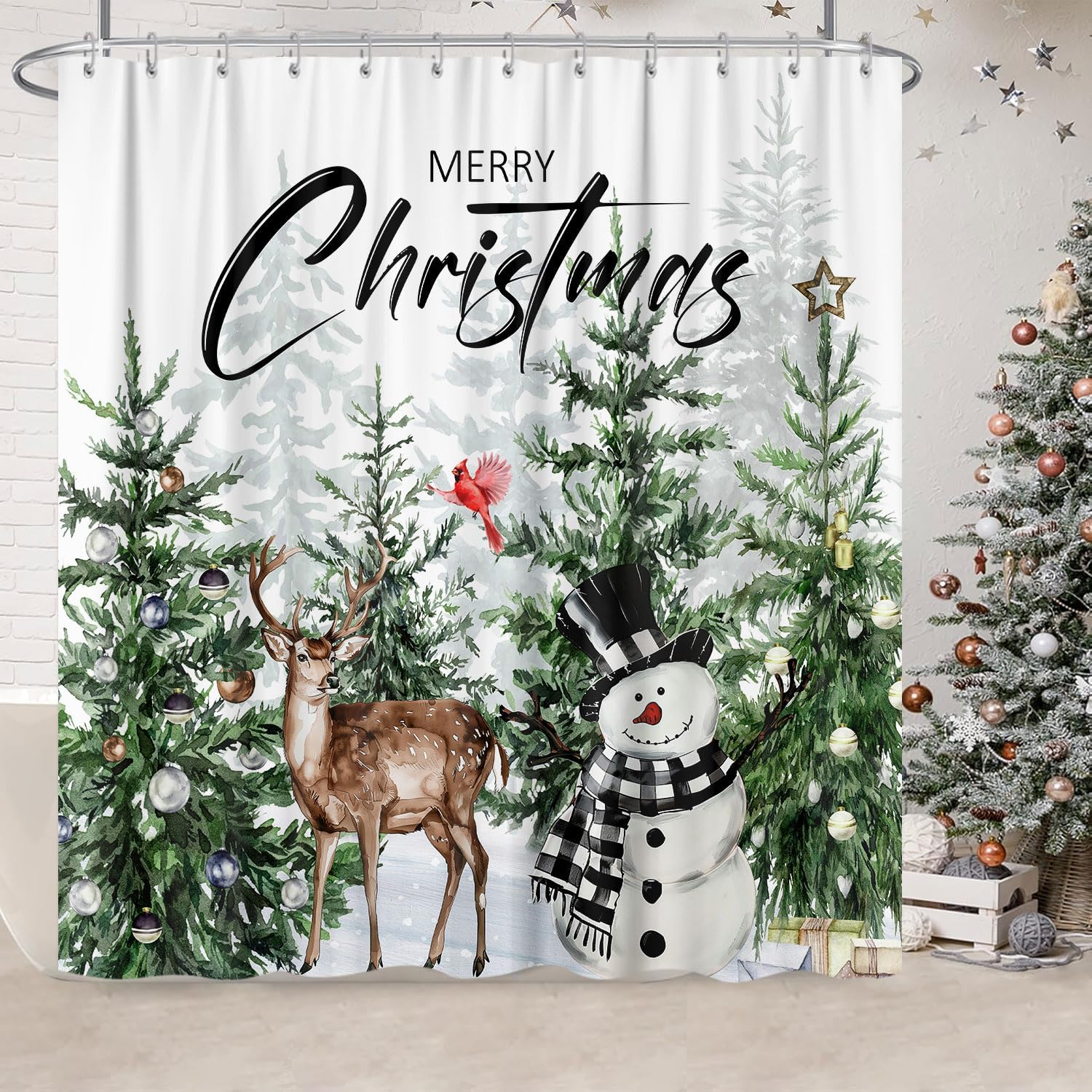 

Farmhouse Christmas Forest Shower Curtain Set With Snowy Pine Tree Deer Cardinal Pattern, Rustic Winter Woodland Bathroom Decor W60H190(CM)-1 Pcs