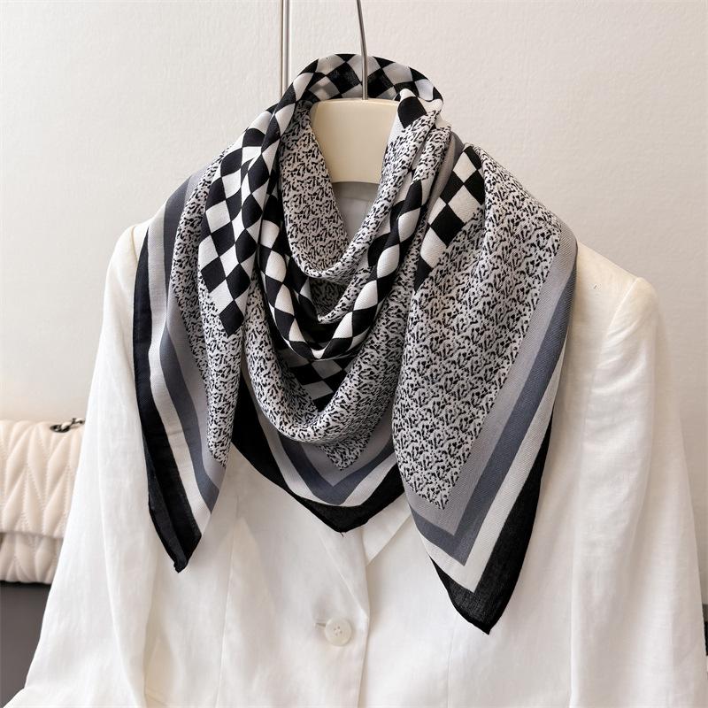 Simple plaid imitation silk large square scarf retro printing commuter shawl neck silk scarf herringbone pattern women's scarf headscarf