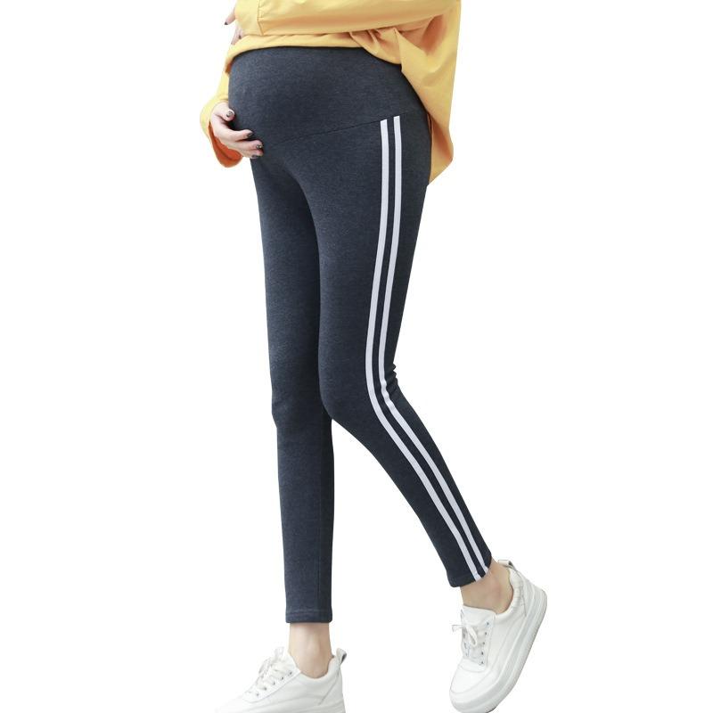 Fleece thickened maternity wear cotton outer wear support striped leggings spring and autumn pants large size maternity nine-point pants