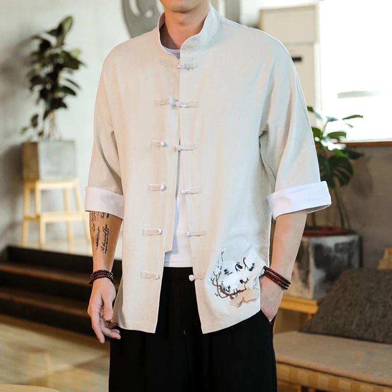 Top cu broderie cu macara de vară Cămăși tradiționale bărbați lenjerie tradițională costum Tang casual cardigan bărbați stil chinezesc retro kung fu bluze bărbați