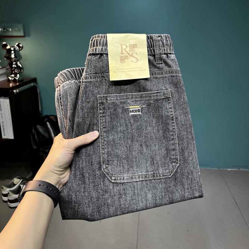 

Новые весенне-летние джинсы с вышивкой, эластичной талией, наклонными карманами и завязками, мужские эластичные брюки 38