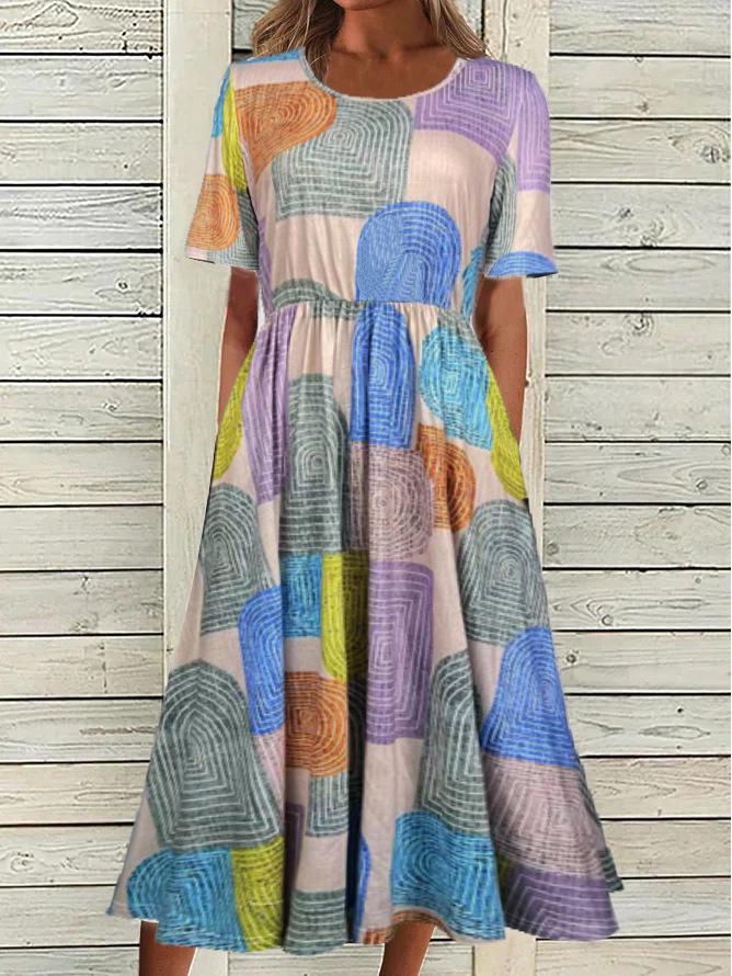 2024 Summer Bohemian Print Women's Maxi Dress with Round Neck and Short Sleeves