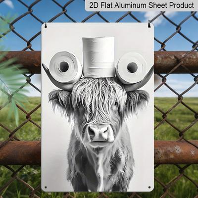 2D Flat 8×12 Inch Funny Highland Cow with Toilet Paper Rolls Metal Sign - Whimsical Rustic Bathroom Wall Decor, Aluminum Hanging for Restroom