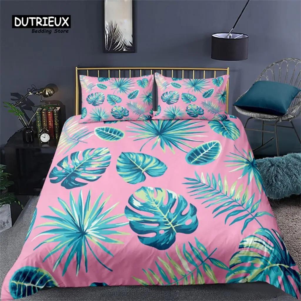 Soft Palm Leaves Comforter Cover Microfiber Tropical Botanical Leaves Bedding Set Double Monstera Leaf Floral Print Duvet Cover