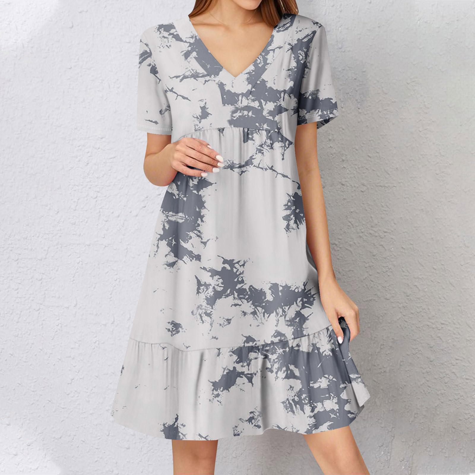 

Жіноча літня сукня з коротким рукавом, V-подібним вирізом, коротка, модна, повсякденна, вільна, бохо, з рюшами, А-силуету, сукня-сонце M