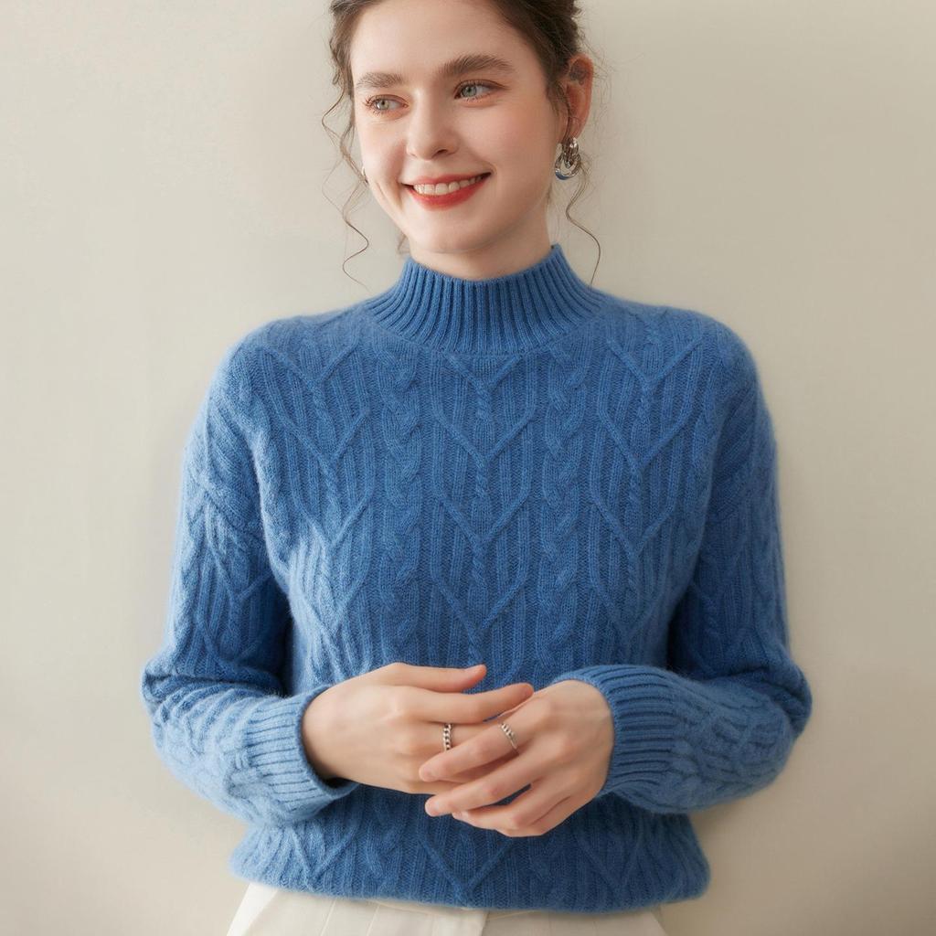 Women's Thickened Half-High Neck Cable Knit Cashmere Sweater - Soft, Versatile Autumn/Winter Pullover
