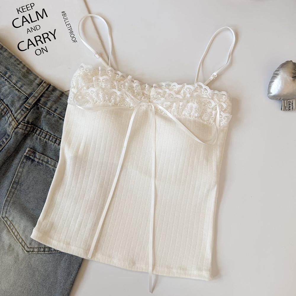Bow Lace Spaghetti Strap Camisole Women Padded Backless Crop Tank Top