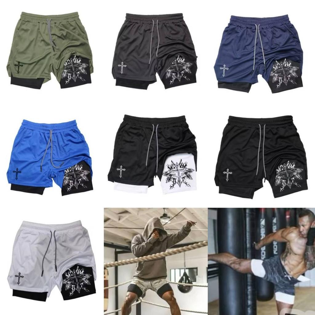 Muay Thai Kick Boxing MMA Shorts Cross Christian God Men Women Unisex Double Layer Quick Dry Breathable Sport Gym Fitness Workout