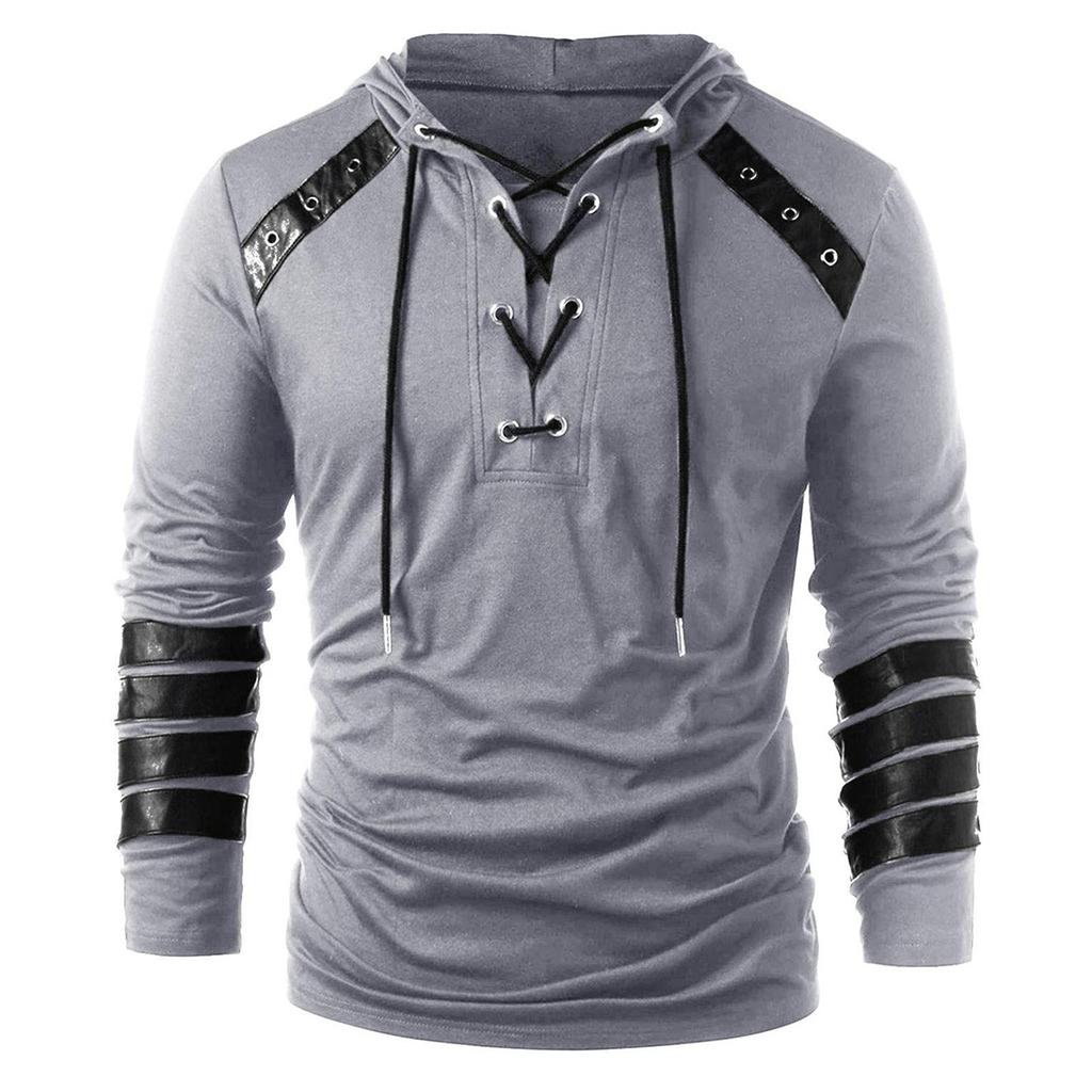 Fall And Winter Hooded Men's Leather Casual Personality Fashion Hoodie Patchwork Top Men Hooded Strap
