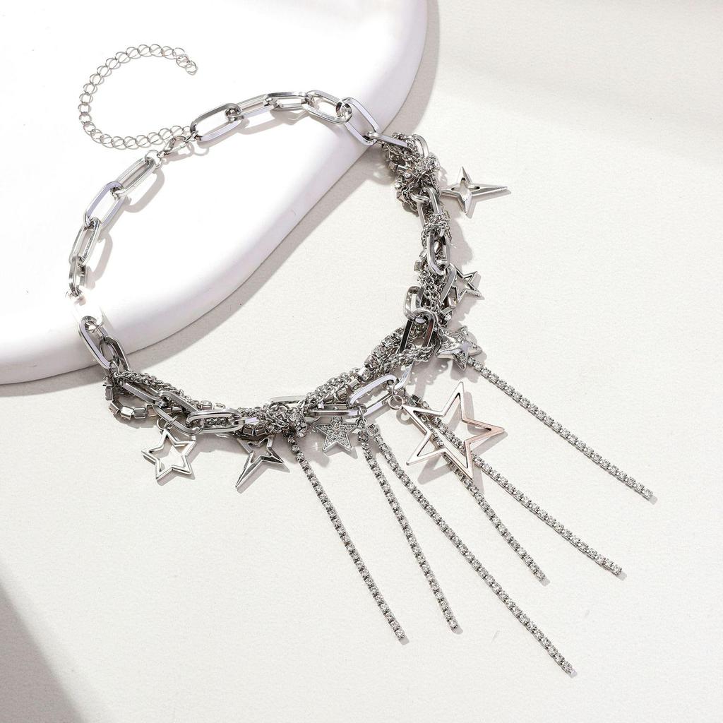 Silver Multi-Layer Star Tassel Necklace with Clavicle Chain