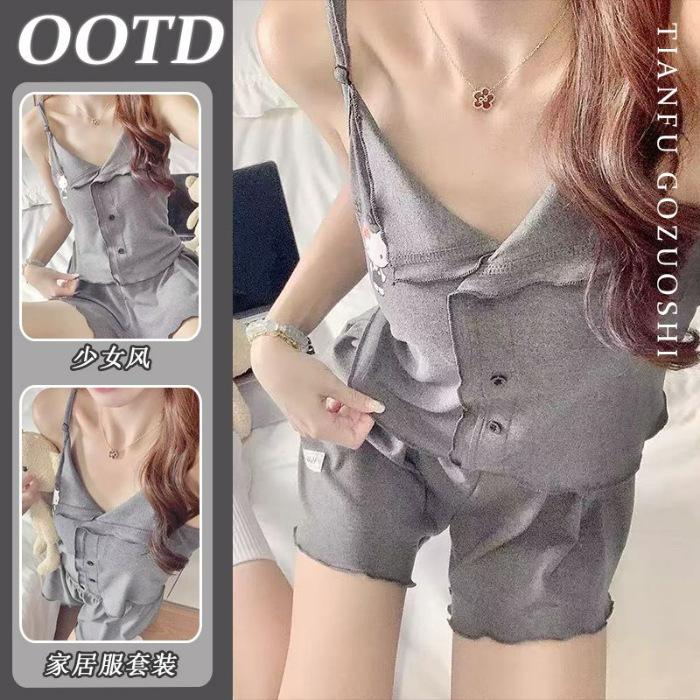 

[With chest pad] ins wind cartoon pajamas women s summer new cute student dormitory suspender homewear set M