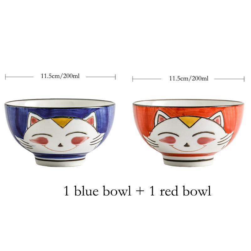 Set of 2pcs Cartoon Cat Bowl Ceramic Rice Bowl Cute Kitten Design Salad Bowl Maneki Neko Gift Household Dinnerware 4.5 Inch