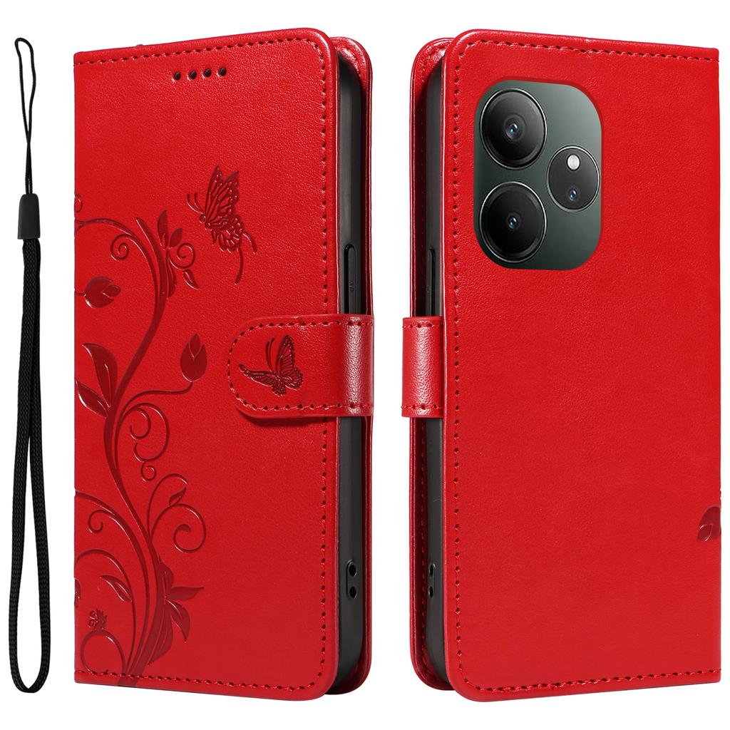 For Realme GT 6 5G PU Leather Cases Flower Pattern Wallet Stand Phone Cover with Strap