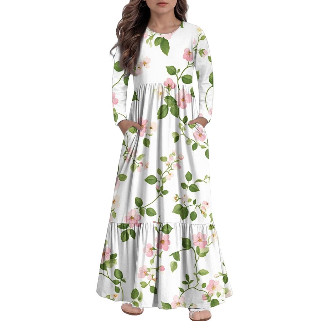 Girls' Maxi Dress Casual Holiday Dresses - Long Sleeve Dress With Pockets For 4-14Y