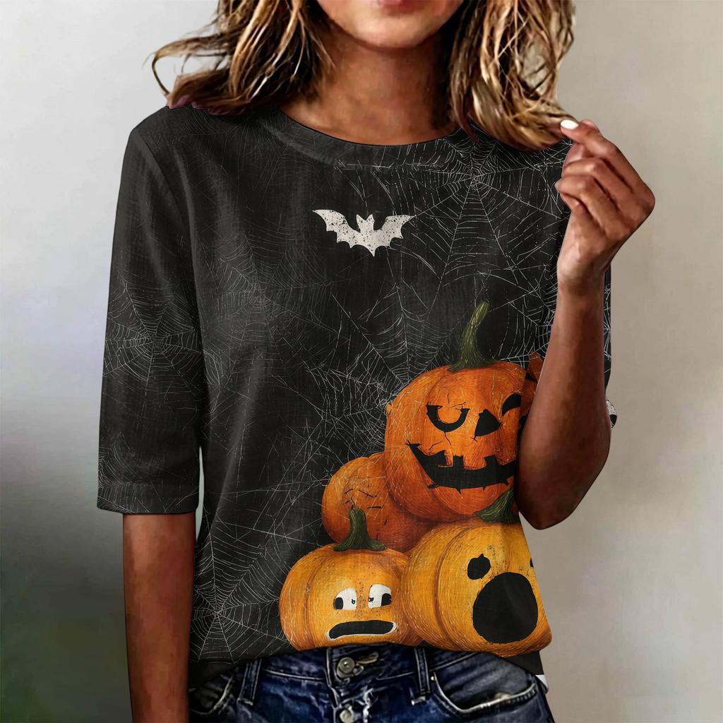 Women's Casual Loose Fit Half Sleeve Top Round Neck Lightweight Comfortable Halloween Pumpkin Print Shirt for Everyday Wear