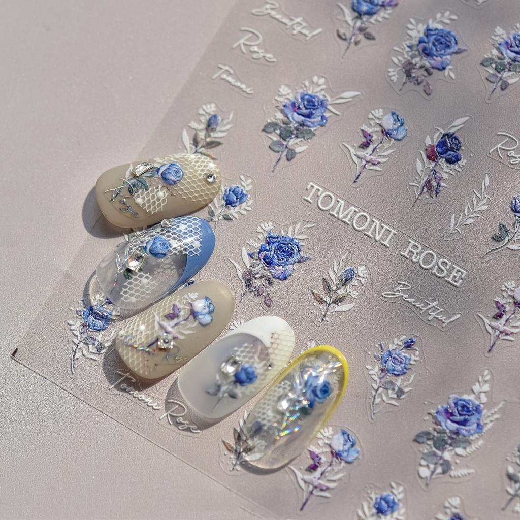 Traditional Chinese Blue White Gold Nail Decal Vintage Qinghua Ceramic Floral 5D Nail Art Sticker Luxury Oriental Manicure Decal