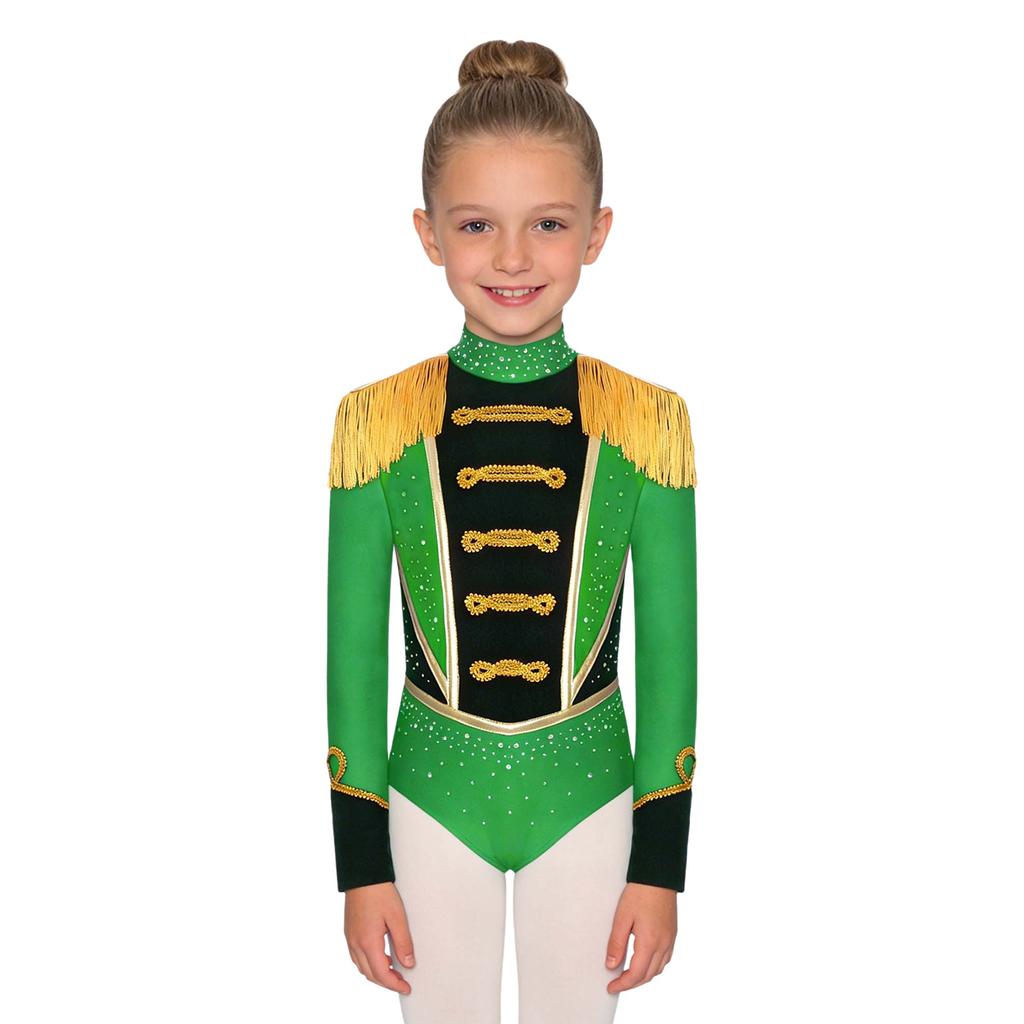 Children‘s Circus Themed Leotard Sparkly Rhinestones Long Sleeve Tassel Shoulder Pads Contrast Color Bodysuit for Stage Performance