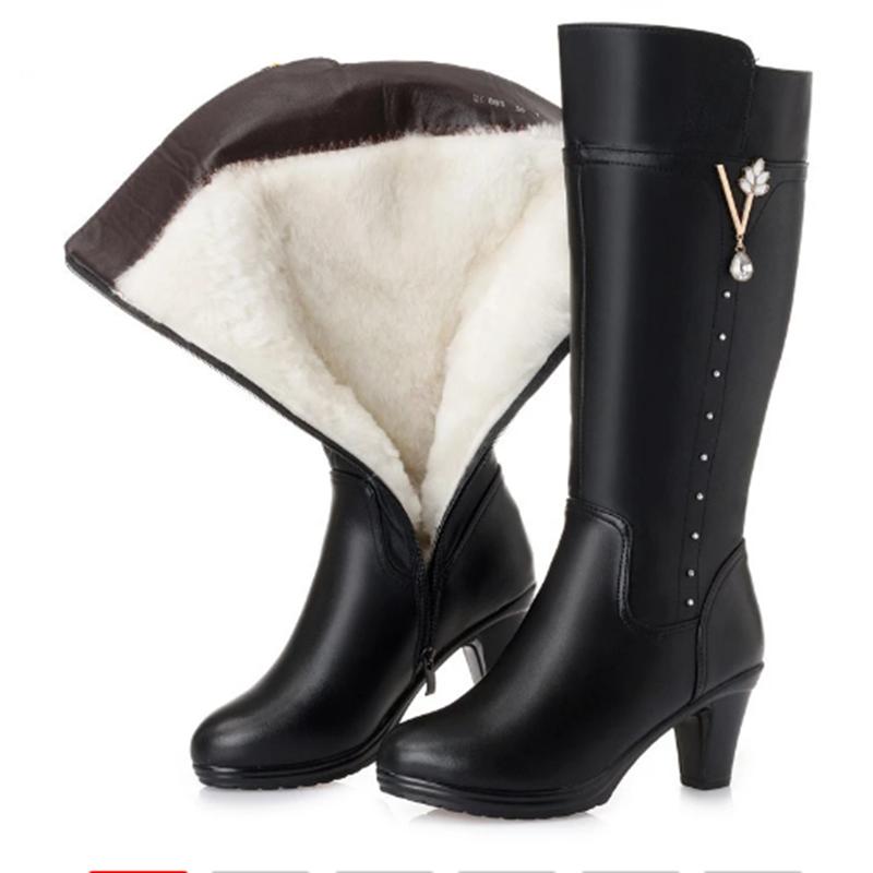 Autumn and Winter New Women's Cotton Boots High Heel Thick Heel Winter Boots Women's Genuine Leather Women's Long Boots