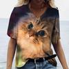 Summer V-neck 3D Kawaii Cat Printed Top Fashionable Casual Short Sleeved Women's T-shirts