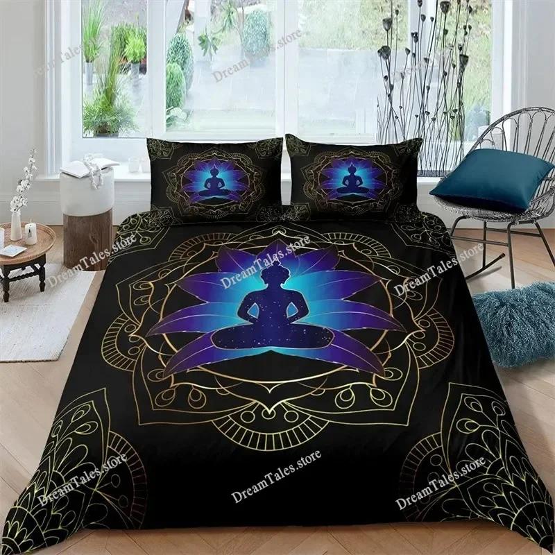 Funda nórdica de meditación de chakras bohemios, juego de cama de yoga con temática relajante, funda de edredón de loto con mandala exótico, decoración para dormitorio tamaño king