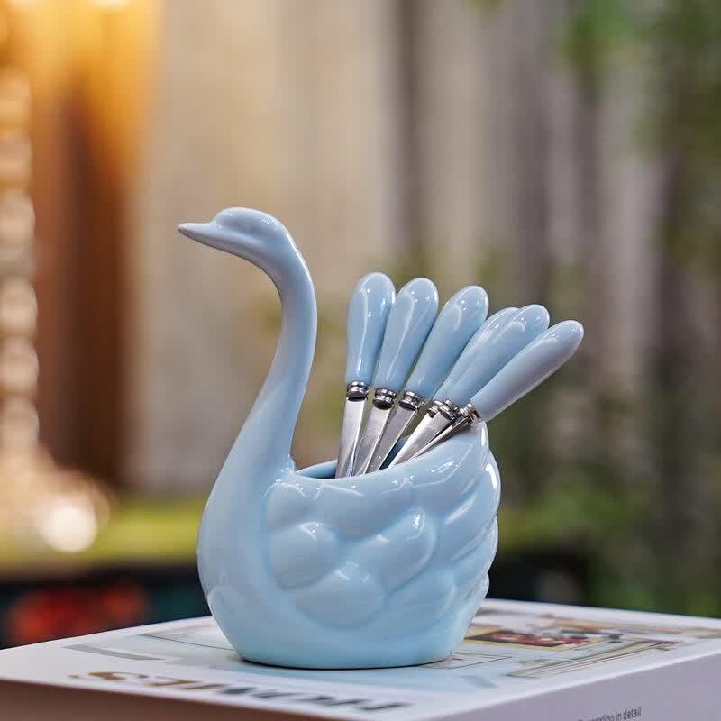 Qīwēi Luxury Swan Fruit Fork Set with Ceramic Holder