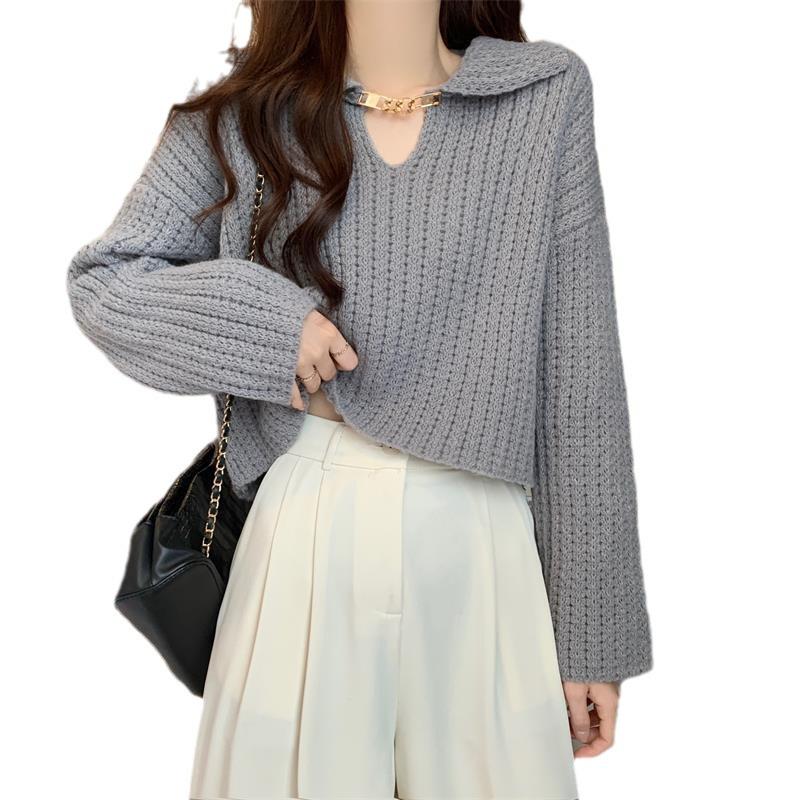 Women's Autumn/Winter White V-Neck Sweater with Peter Pan Collar