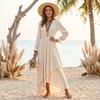 Women's Color Chiffon V Neck Long Sleeve Bohemian Dress with Asymmetrical Ruffle Hem