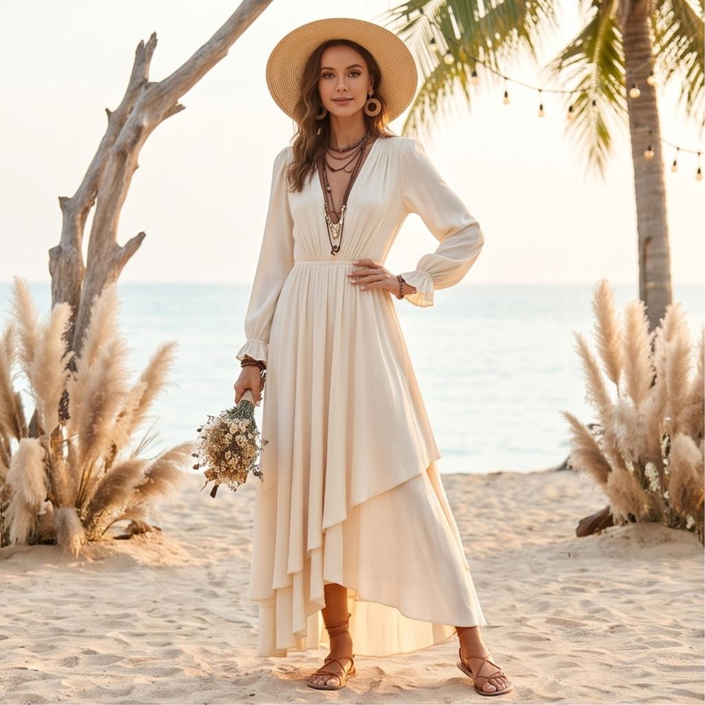 Women's Color Chiffon V Neck Long Sleeve Bohemian Dress with Asymmetrical Ruffle Hem