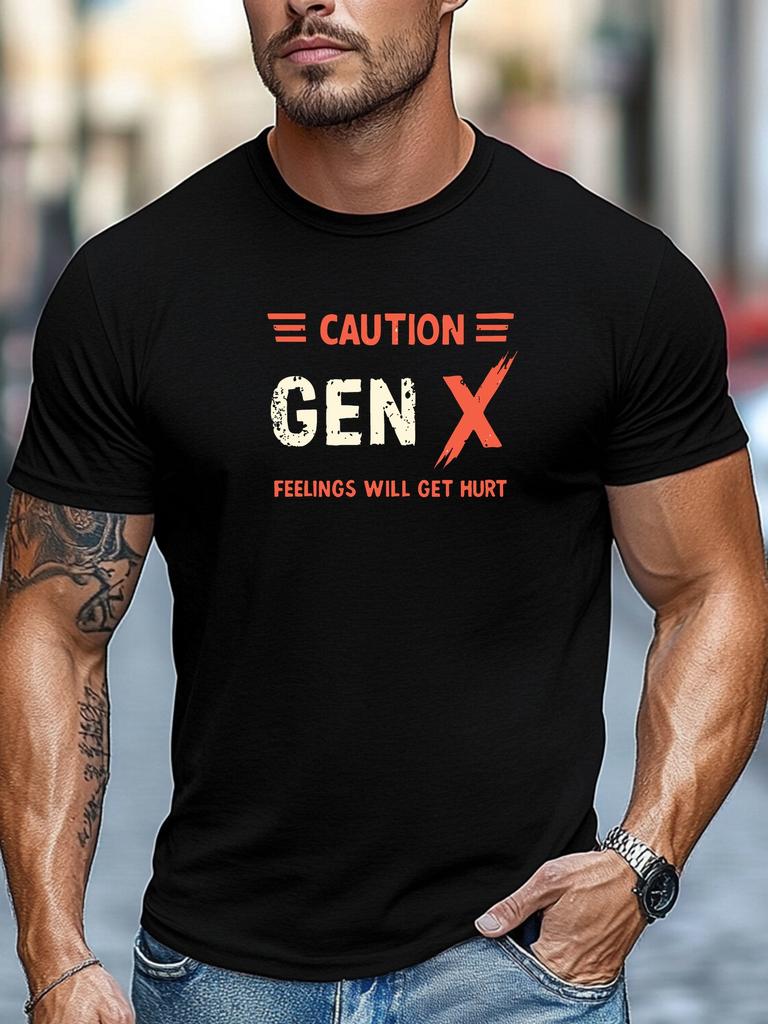 Unisex Navy Crew Neck Tee Caution Gen X Feelings Will Get Hurt Distressed Retro Red White Text Warning Slogan Graphic Soft Short