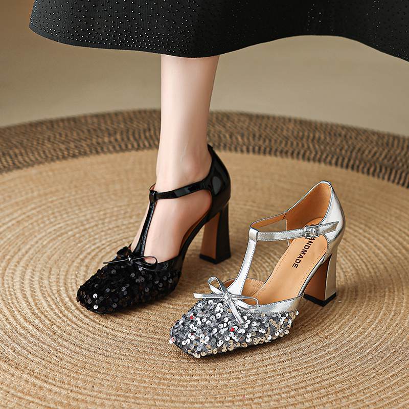 Krazing Pot Paillettenstoff Quadratische Zehenpartie Größe 41 High Heels Bling Glänzend Party Hochzeitsschuhe Herbst Schleife Pumps