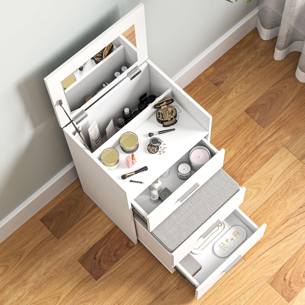 Toeletta da Trucco in Legno con Specchio Ribaltabile, 2 Cassetti e Sgabello, 50x40x113,5 cm, Bianco