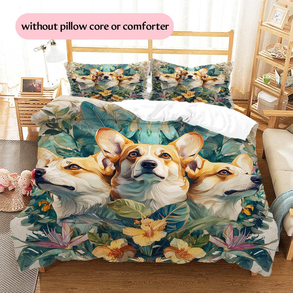 Corgi und Pflanzen Muster Bettwäsche Heimdekoration Geburtstagsgeschenk (1 Bettbezug + 2 Kissenbezüge, ohne Füllung)